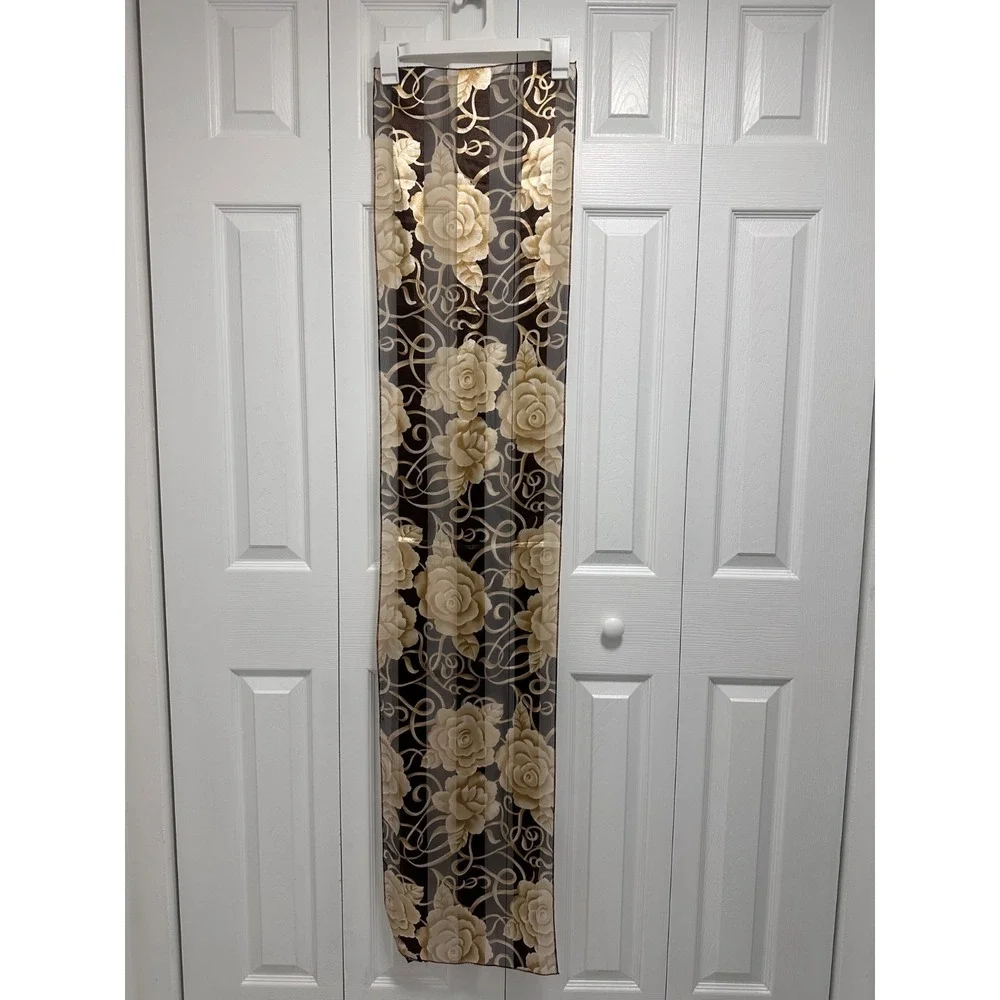 Women Scarf beige flowers brown 100% Polyester Rectangular 59x12
